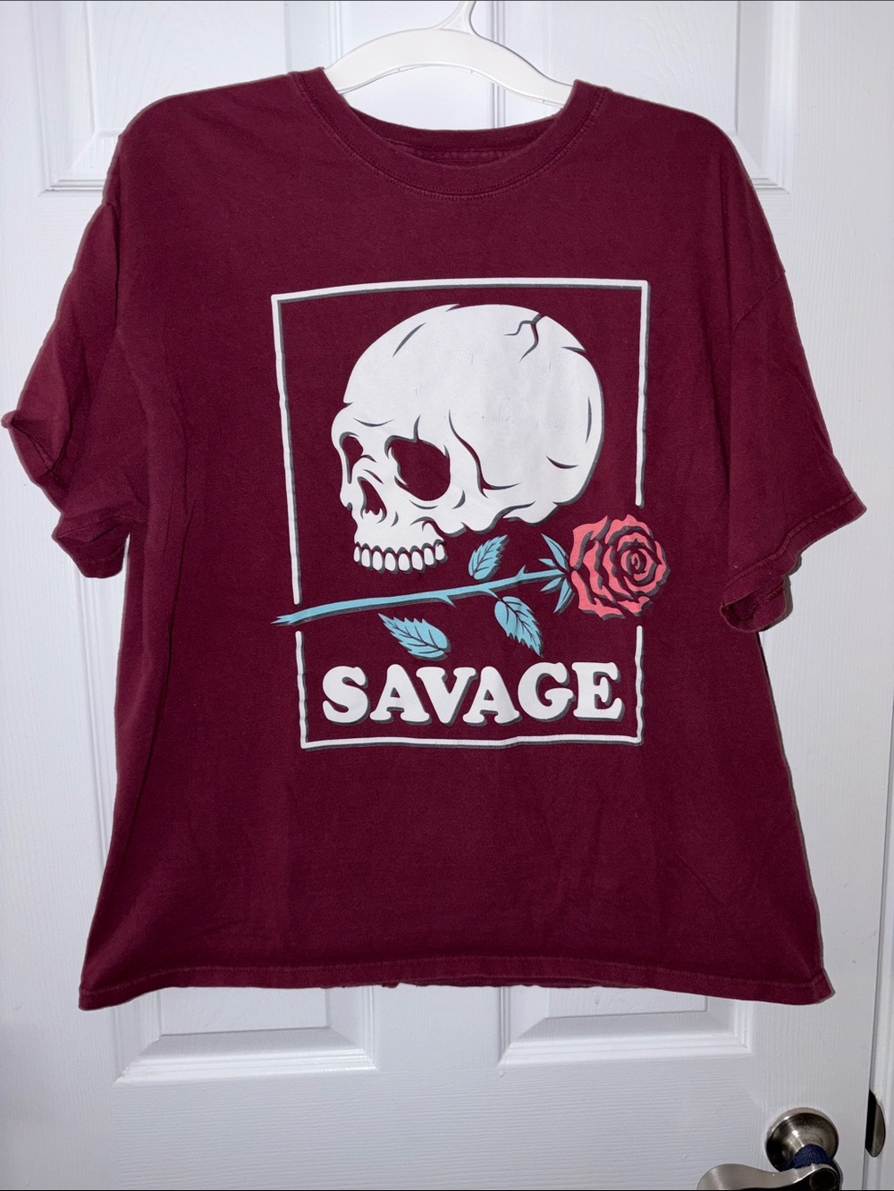 Savage Graphic Tee - Burgundy Skull & Rose